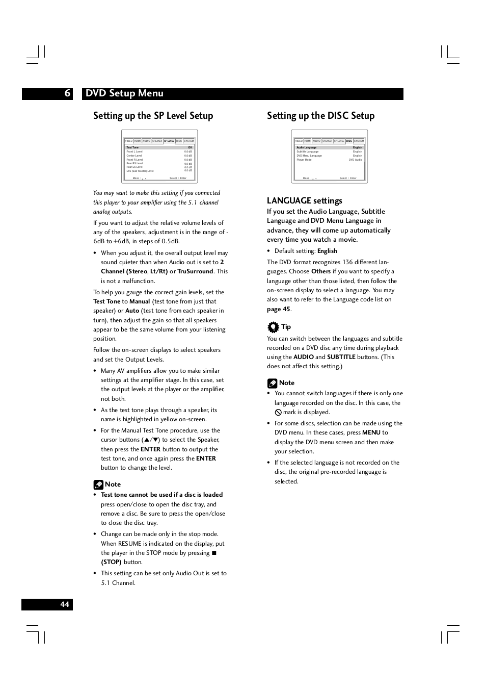 Dvd setup menu 6, Setting up the sp level setup, Setting up the disc setup | Language settings | Marantz DV7600 User Manual | Page 44 / 56