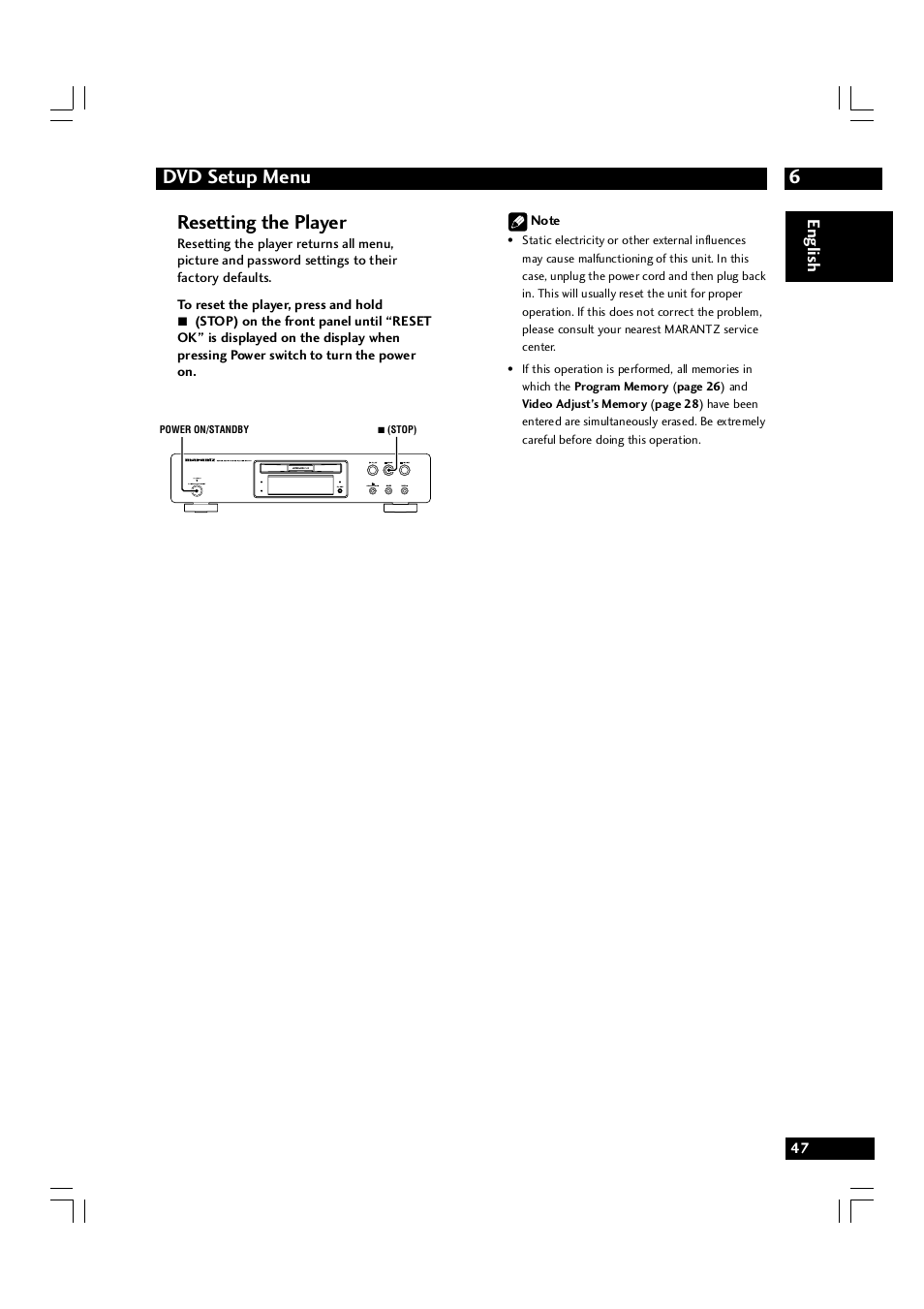 6dvd setup menu, Resetting the player | Marantz DV7600 User Manual | Page 47 / 56