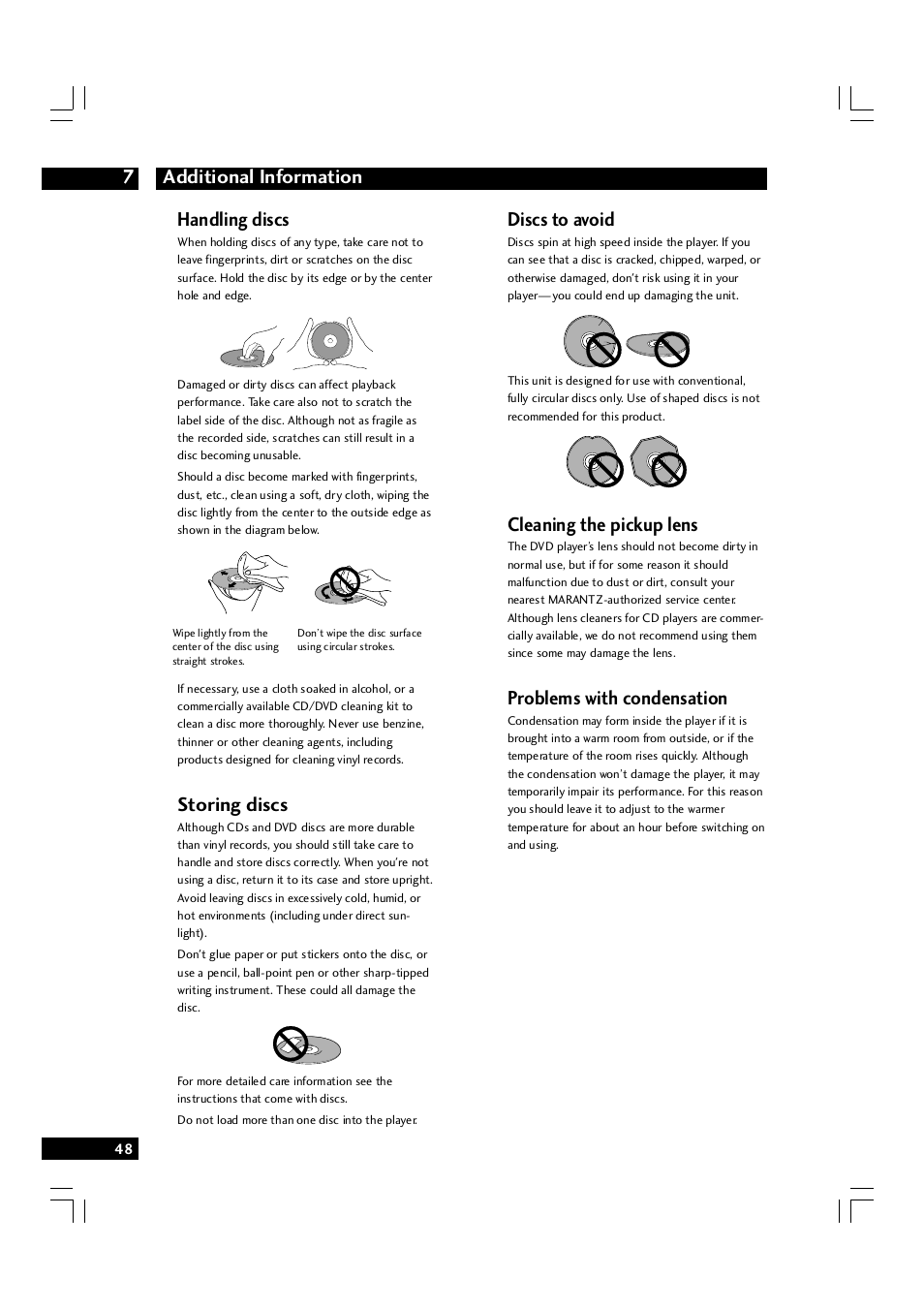Additional information 7, Handling discs, Storing discs | Discs to avoid, Cleaning the pickup lens, Problems with condensation | Marantz DV7600 User Manual | Page 48 / 56