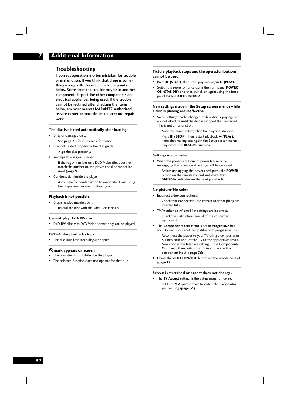 Additional information 7, Troubleshooting | Marantz DV7600 User Manual | Page 52 / 56