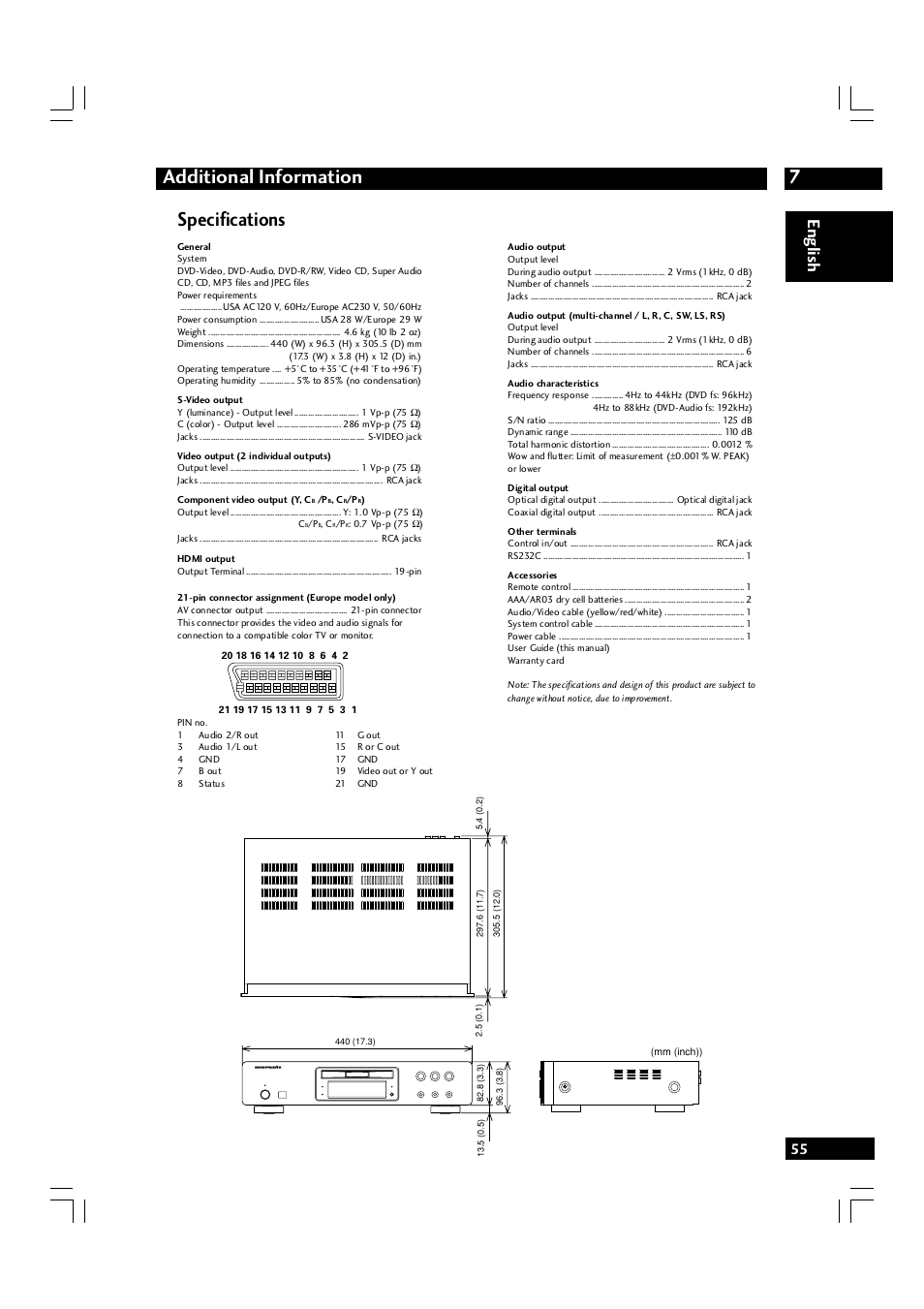 7additional information, Specifications, English | Marantz DV7600 User Manual | Page 55 / 56