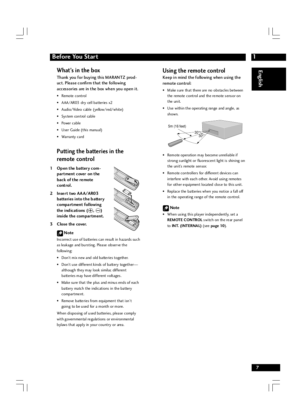 1before you start, What’s in the box, Putting the batteries in the remote control | Using the remote control, English | Marantz DV7600 User Manual | Page 7 / 56