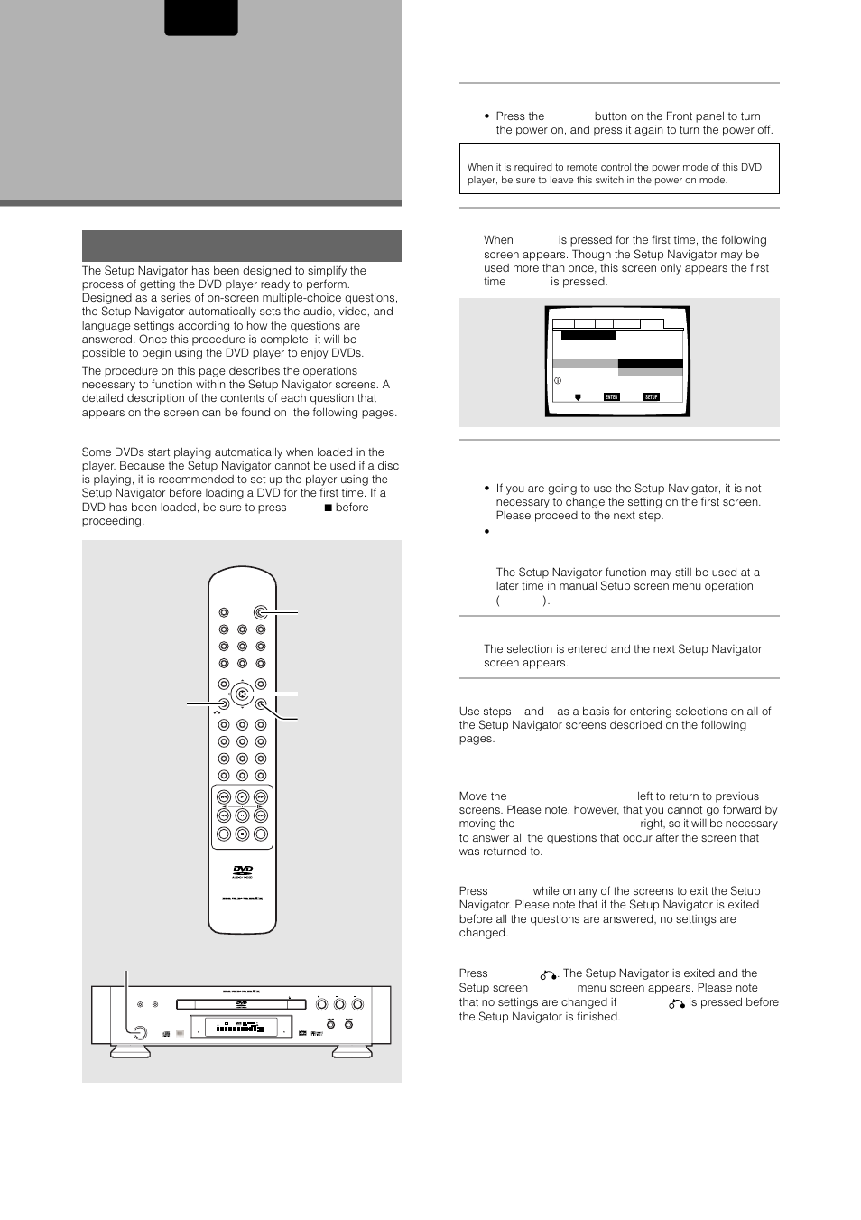 Setting up the player, Using the setup navigator, English | Press power button on the front panel, Press setup, Press enter, When setting up for the first time, Return | Marantz DV-12S1 User Manual | Page 20 / 69