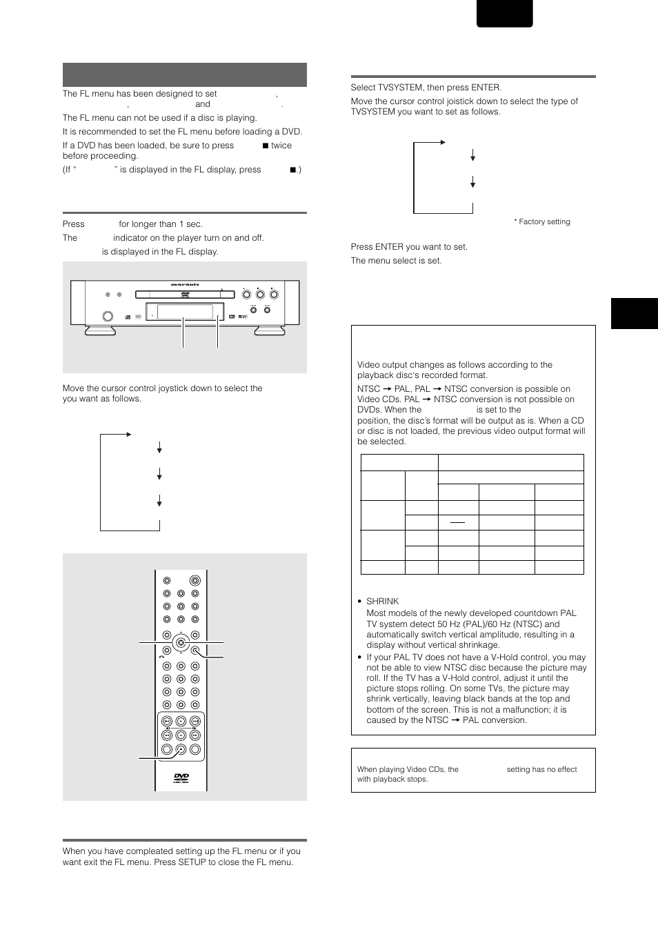 Using the fl menu, Selecting the fl menu, Tv system setting | English, Enter cursor control joystick stop setup, About mod. (modulation) pal, Tv system (except for usa model), Except for usa model), Fl off fl menu setting up the pla y e r | Marantz DV-12S1 User Manual | Page 23 / 69