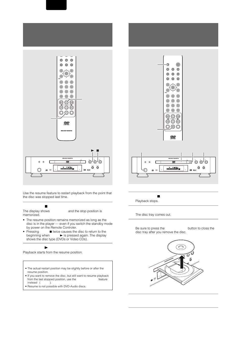 Resuming playback from where you stopped, Stopping playback and switching power off, Dvd vcd cd | English, Dvd-video/video cd, Dvd/video cd/cd, Press open/close, Remove the disc, Play stop | Marantz DV-12S1 User Manual | Page 28 / 69