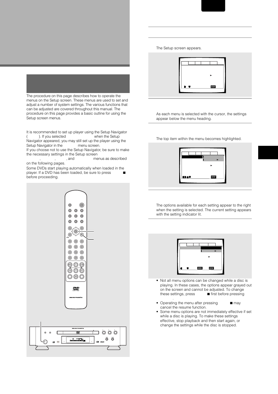 Adjusting audio and video settings, Using the setup screen menus, English | When setting up for the first time, Press power on the front panel, Press setup | Marantz DV-12S1 User Manual | Page 29 / 69