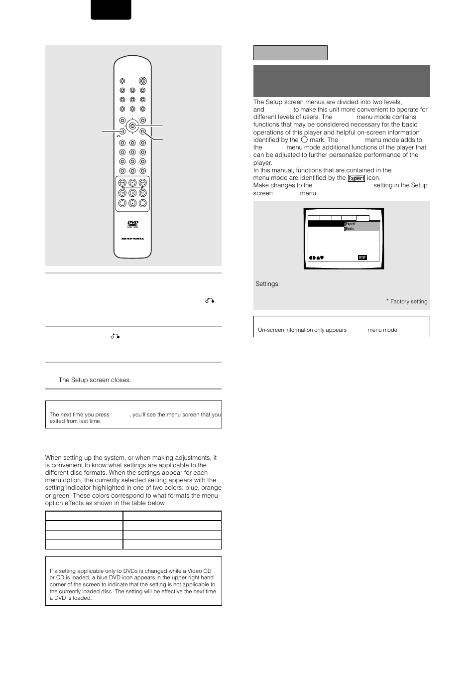 Changing to the setup menu mode, Important, English | Press setup to close the setup screen | Marantz DV-12S1 User Manual | Page 30 / 69