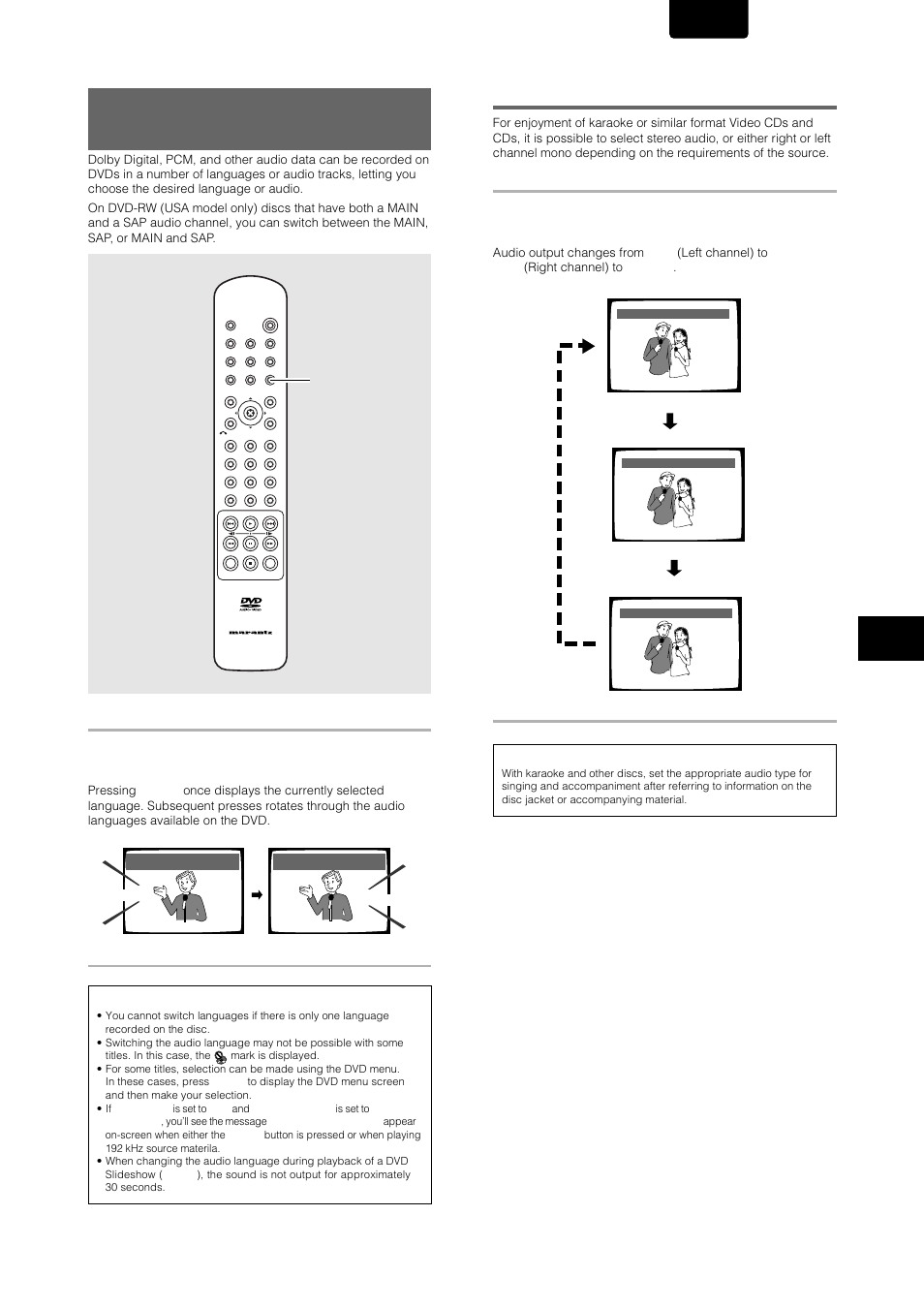 Changing audio type, English, Audio | Video cd/cd, Setting the langu a ge options | Marantz DV-12S1 User Manual | Page 41 / 69