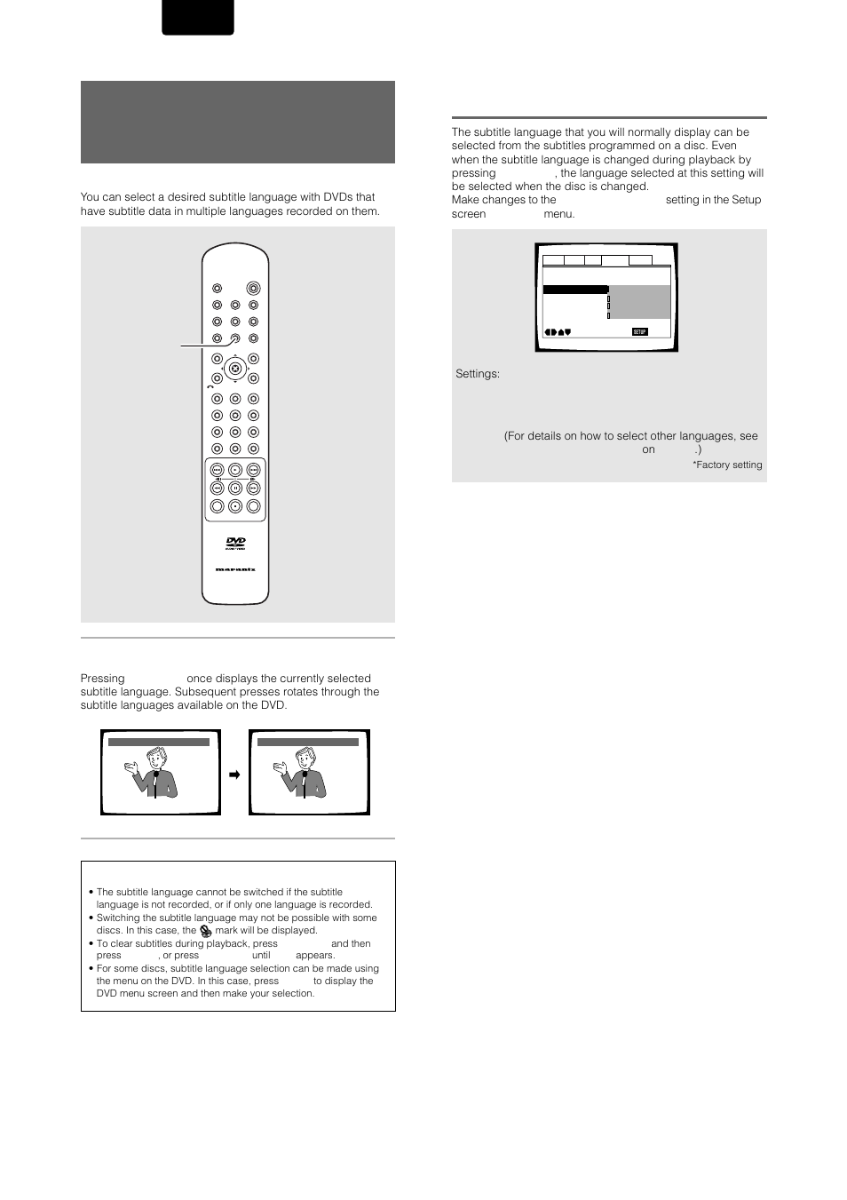 Selecting a subtitle language preference, English, Dvd/dvd-rw | Press subtitle repeatedly during playback, Subtitle, When “other” is selected, On page 43 .) | Marantz DV-12S1 User Manual | Page 42 / 69