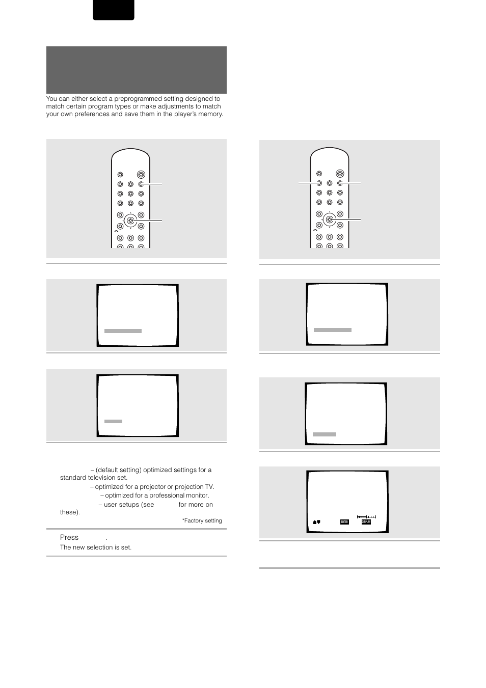 Selecting a preprogrammed setting, Adjusting the picture quality settings, English | Dvd/video cd, Press video adj. (ust), Press enter, Display | Marantz DV-12S1 User Manual | Page 48 / 69