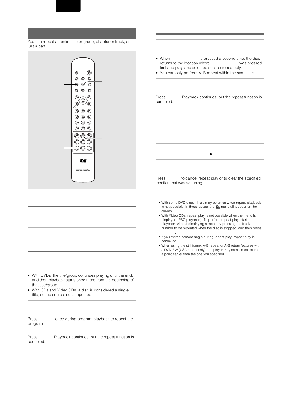 Repeat play, Repeat play of a chapter/track, Repeat play of a title | Return to a specified location on a disc, English, Dvd/video cd/cd, Press (repeat) a–b at the desired location, Repeat (repeat) a-b clear play | Marantz DV-12S1 User Manual | Page 52 / 69