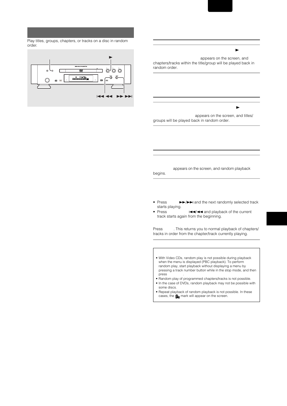 Random play, Random playback of titles/groups, Random playback of tracks | English | Marantz DV-12S1 User Manual | Page 53 / 69
