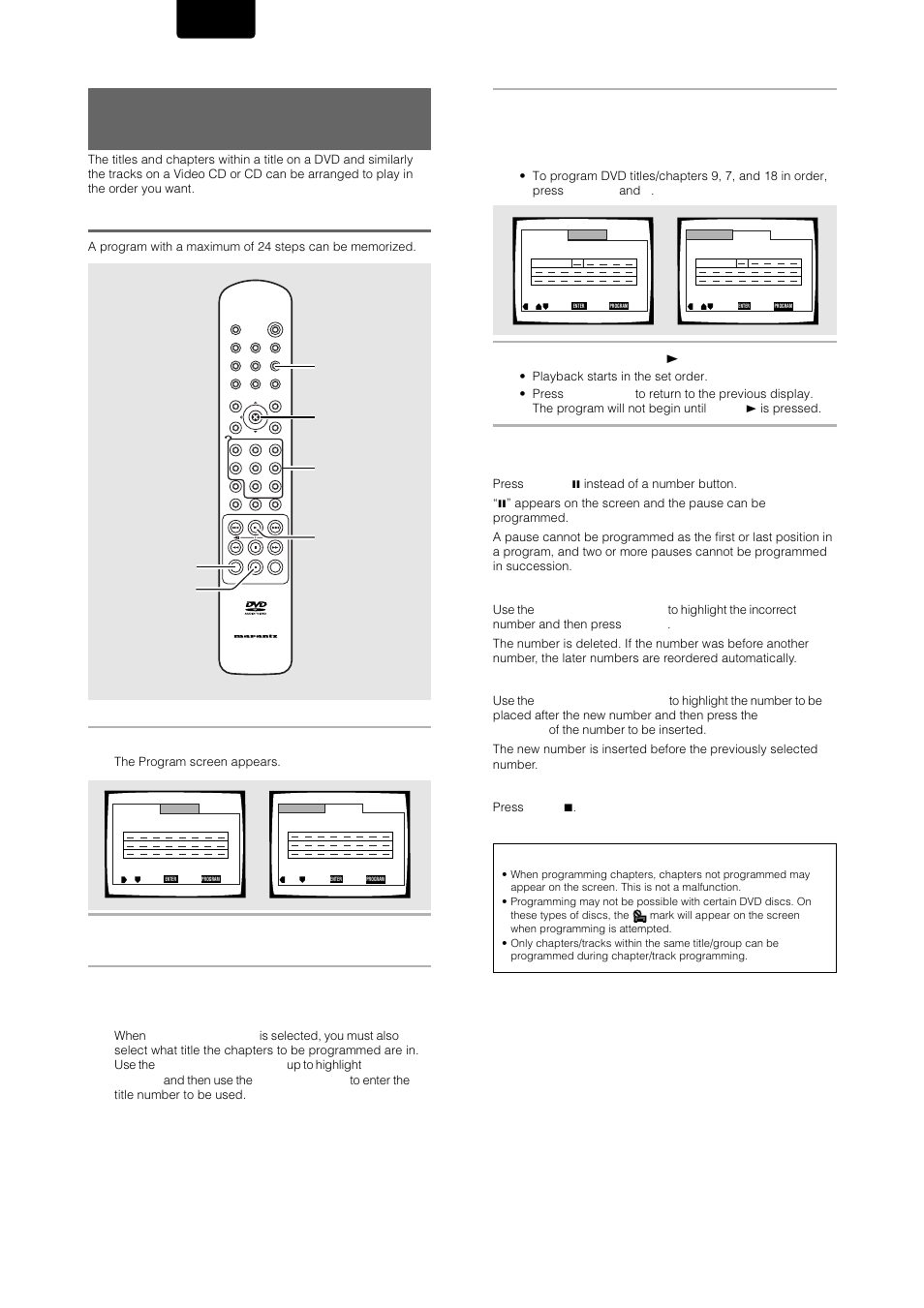 Playback in a desired order (program play), Programming dvds, English | Press program, Press enter or play 3, Dvd/video cd/cd, Stop clear | Marantz DV-12S1 User Manual | Page 54 / 69