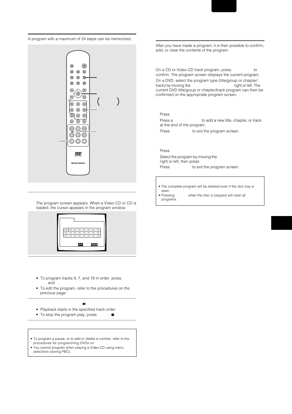 Additional programming options, Programming video cds, cds, English | Ad v anced functions, Dvd/video cd/cd, Press program, Press enter or play 3, Cursor/ enter, Clear | Marantz DV-12S1 User Manual | Page 55 / 69