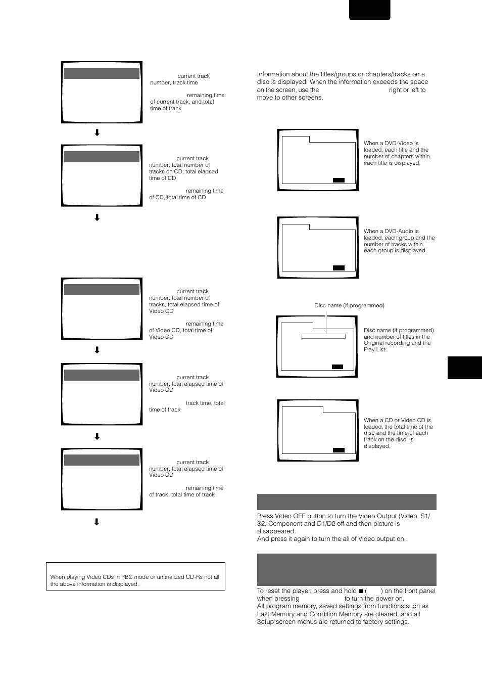 Resetting the player to system settings, Video on/off, English | Ad v anced functions | Marantz DV-12S1 User Manual | Page 61 / 69
