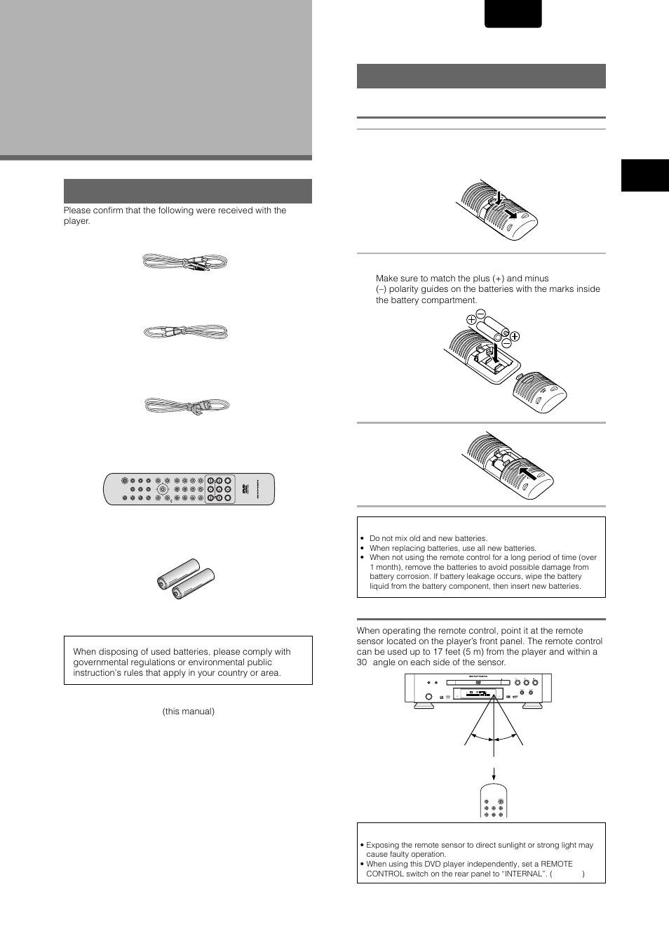 Before using, Checking accessories, Preparing the remote cotrol | Inserting batteries into the remote control, Remote control operation, English | Marantz DV-12S1 User Manual | Page 9 / 69