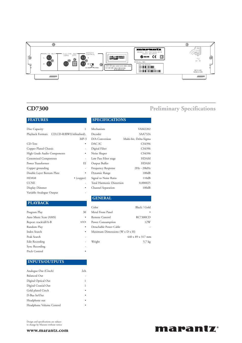 Cd7300, Preliminary specifications, Features | Playback, Inputs/outputs, Specifications, General | Marantz CD7300 User Manual | Page 4 / 4