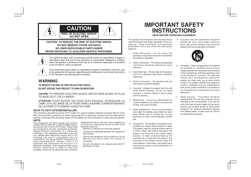 Important safety instructions, Caution, Warning | Marantz SR5500 User Manual | Page 2 / 41