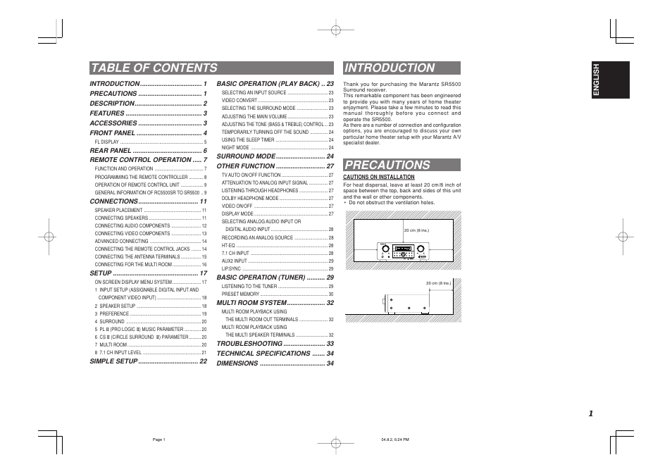 Table of contents introduction, Precautions | Marantz SR5500 User Manual | Page 4 / 41