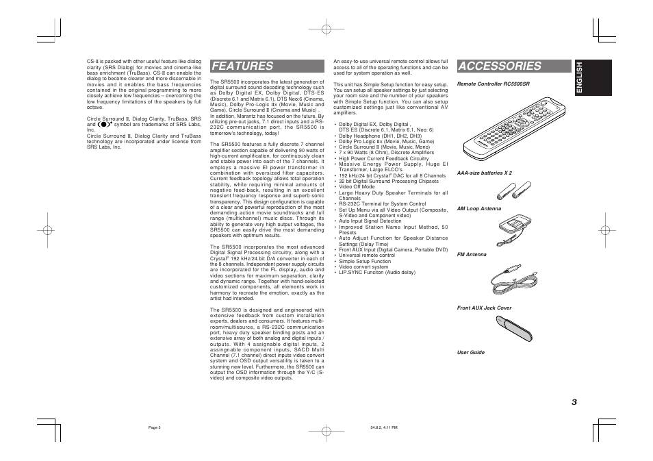 Features, Accessories, Vol. main vol.tv | Push | Marantz SR5500 User Manual | Page 6 / 41