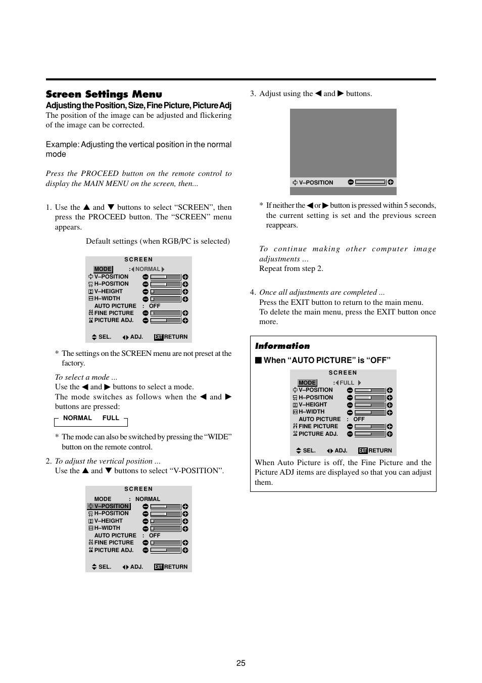 Screen settings menu | Marantz PD6120D User Manual | Page 32 / 60