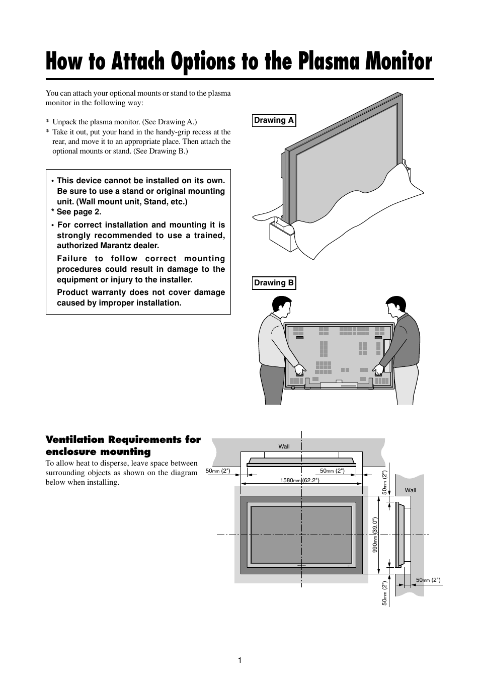 How to attach options to the plasma monitor, Ventilation requirements for enclosure mounting | Marantz PD6120D User Manual | Page 8 / 60