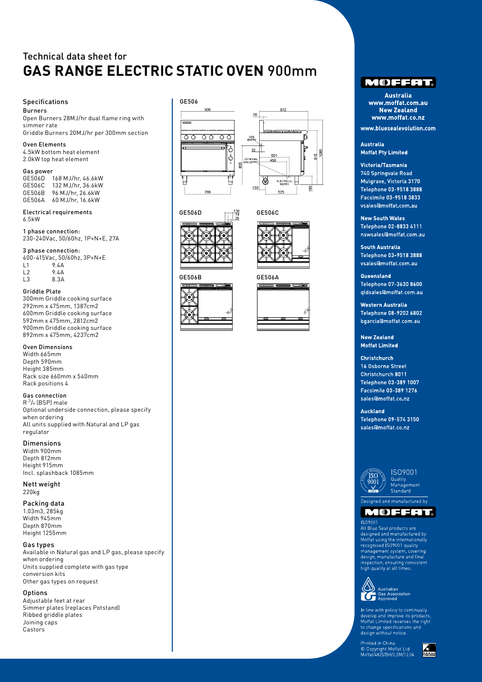 Gas range electric static oven 900mm, Technical data sheet for | Moffat Blue Seal GE506A User Manual | Page 2 / 2