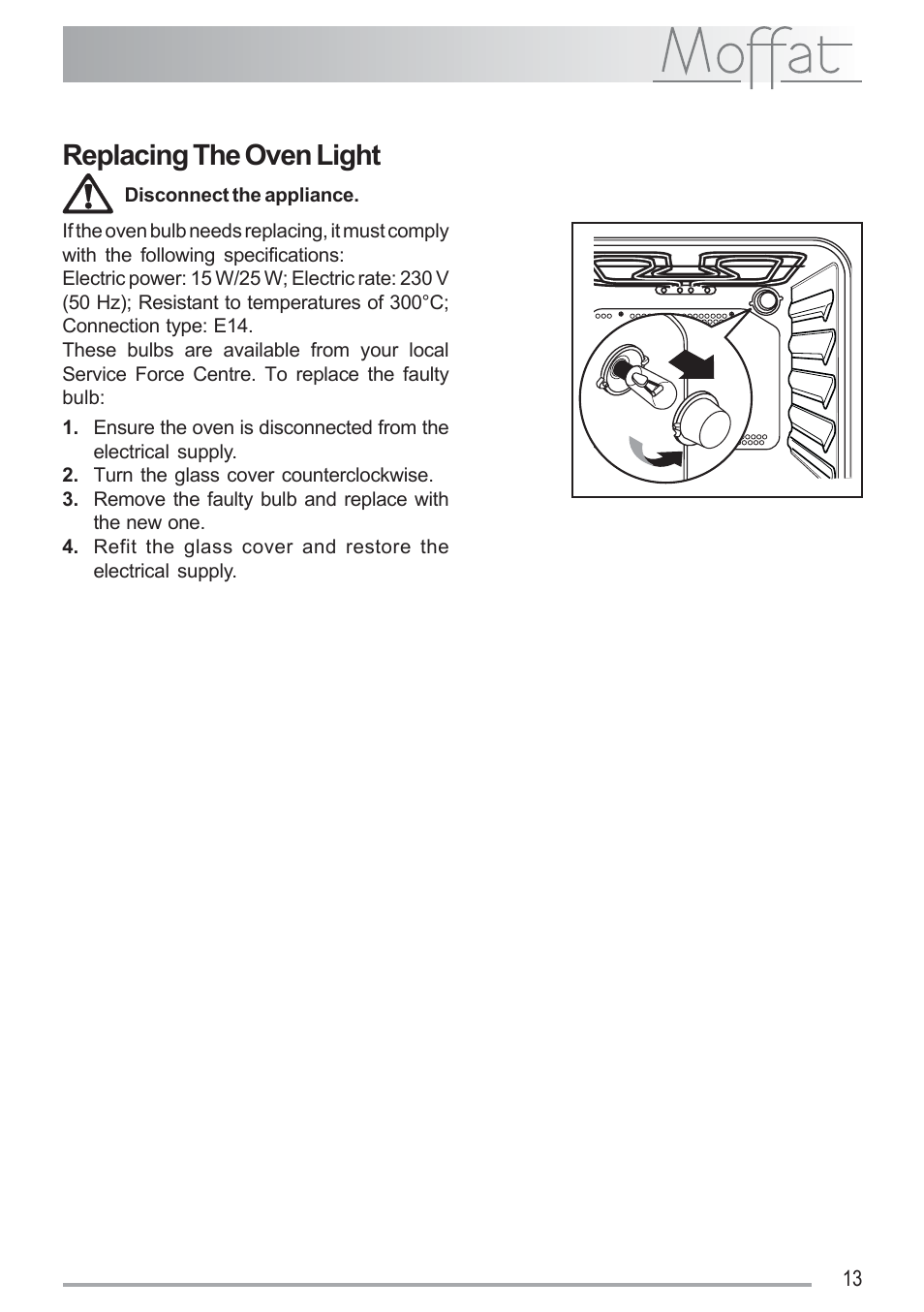 Replacing the oven light | Moffat MSF 611 User Manual | Page 13 / 20