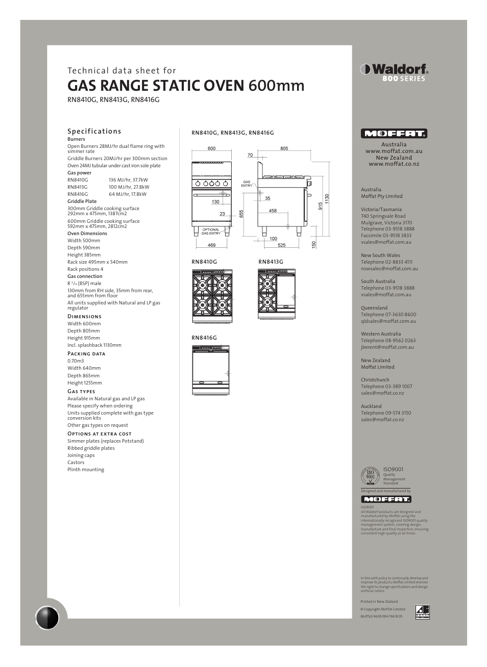 Gas range static oven 600mm, Technical data sheet for | Moffat WALDORF RN8416G User Manual | Page 2 / 2
