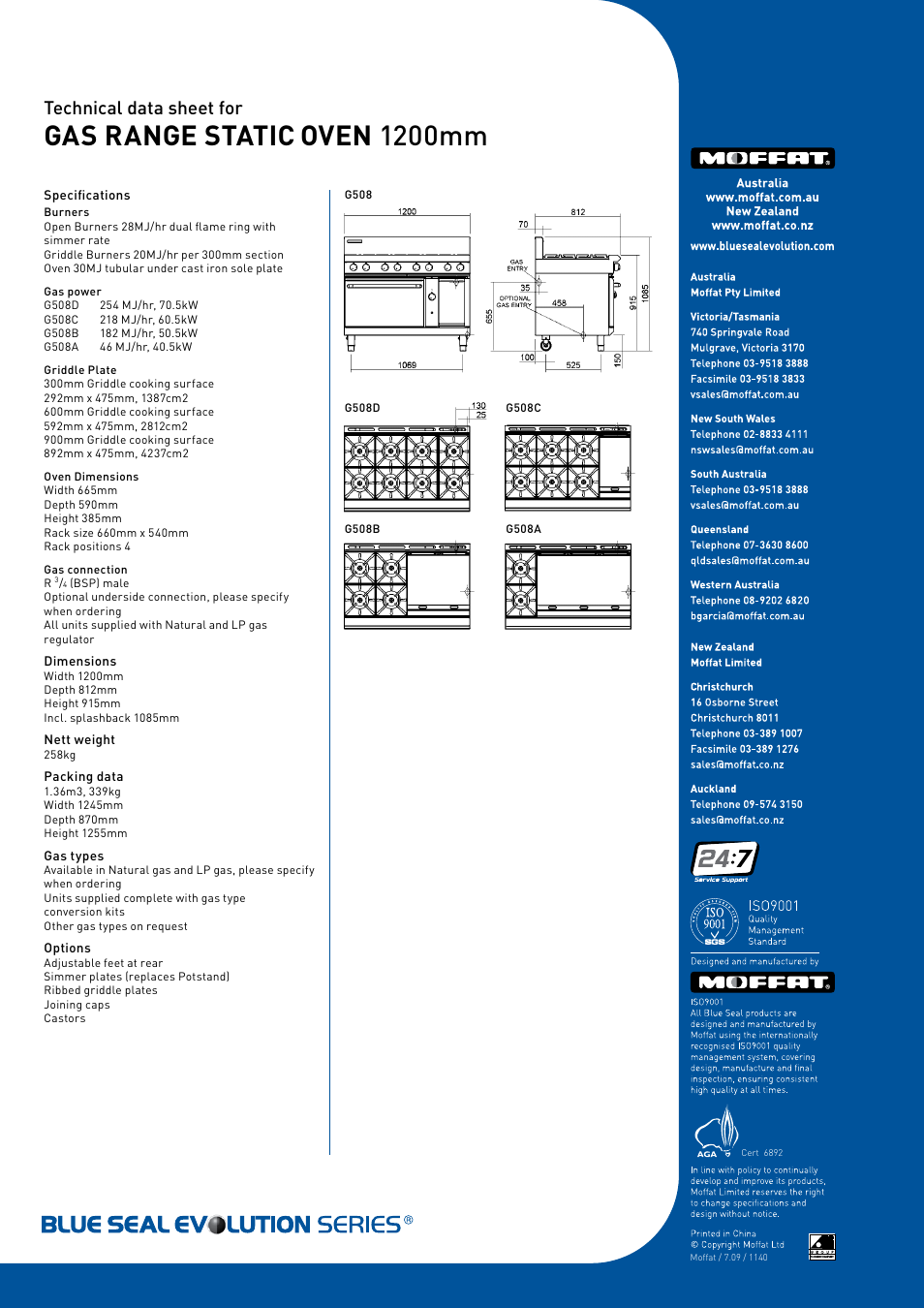 Gas range static oven 1200mm, Technical data sheet for | Moffat Blue Seal Evolution Series 6892 User Manual | Page 2 / 2