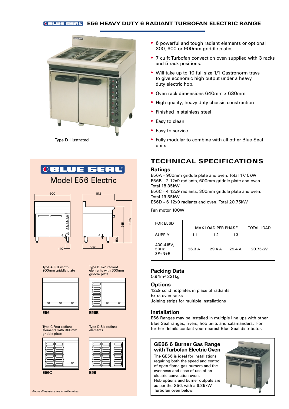 Model e56 electric, Tech n ical s peci fication s, Ratings | Packing data, Options, Installation | Moffat Tubofan E56 User Manual | Page 3 / 6