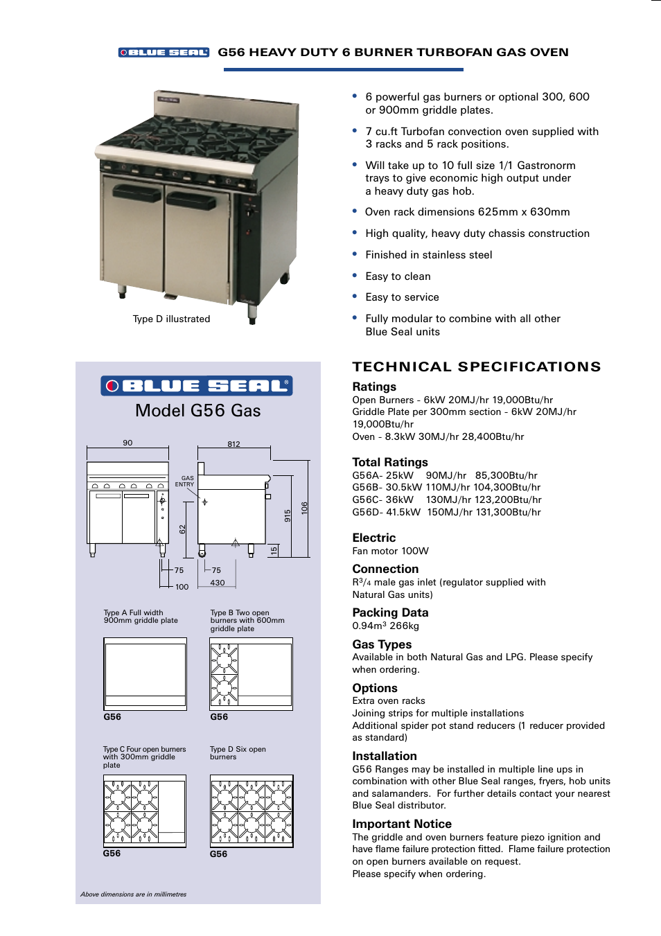 Model g56 gas, Tech n ical s peci fication s | Moffat Tubofan E56 User Manual | Page 4 / 6