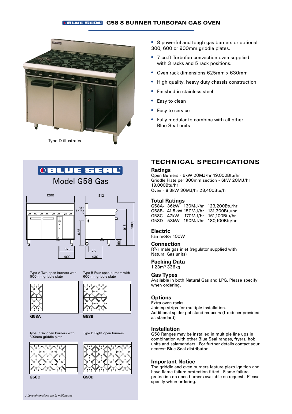Model g58 gas, Tech n ical s peci fication s | Moffat Tubofan E56 User Manual | Page 5 / 6