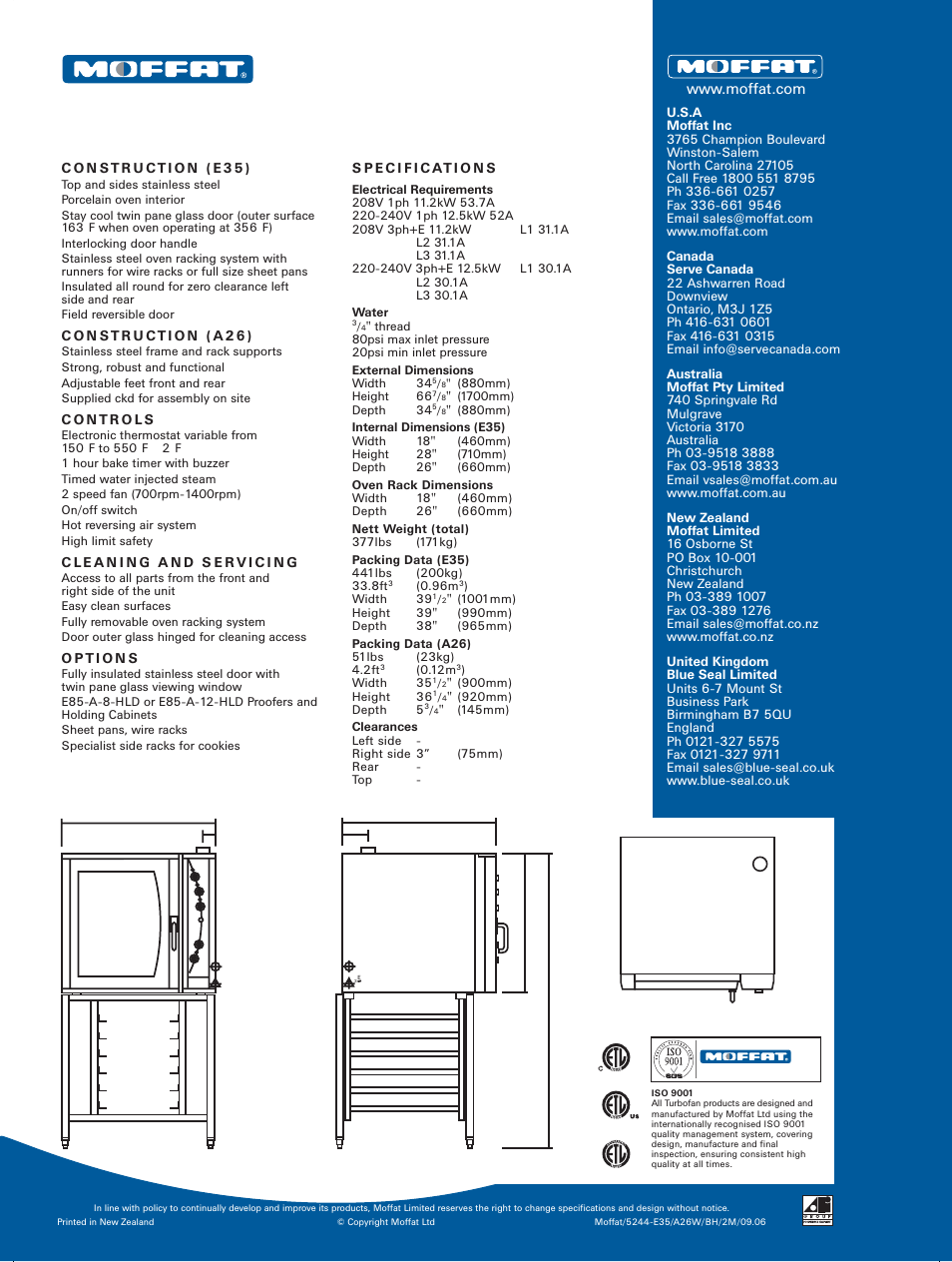 E35 on the a26w, Iso 9001 | Moffat Stainless Steel Stand A26W User Manual | Page 2 / 2