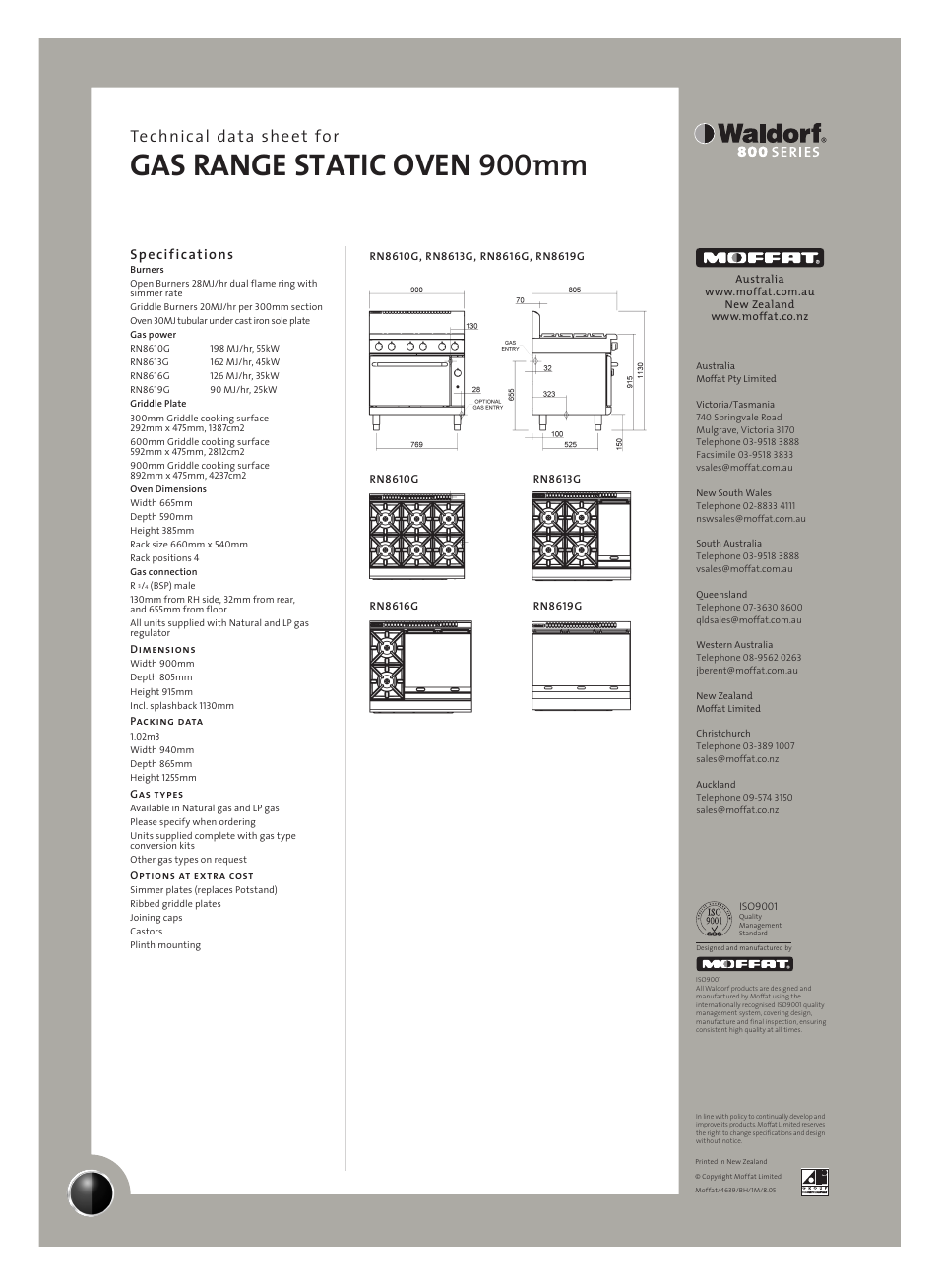 Gas range static oven 900mm, Technical data sheet for, Specifications | Moffat WALDORF RN8619G User Manual | Page 2 / 2