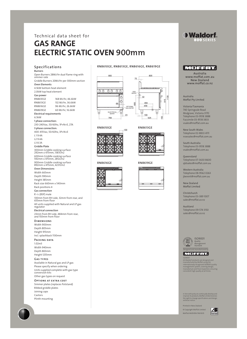 Gas range electric static oven 900mm, Technical data sheet for, Specifications | Moffat Waldorf RN8610GE User Manual | Page 2 / 2