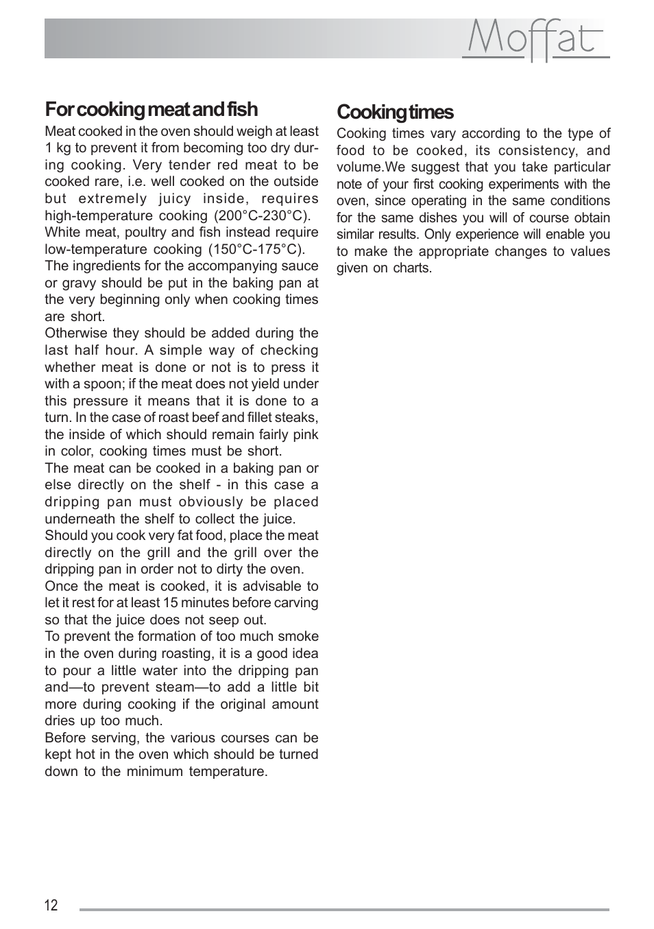 For cooking meat and fish, Cooking times | Moffat MSF 616 User Manual | Page 12 / 24
