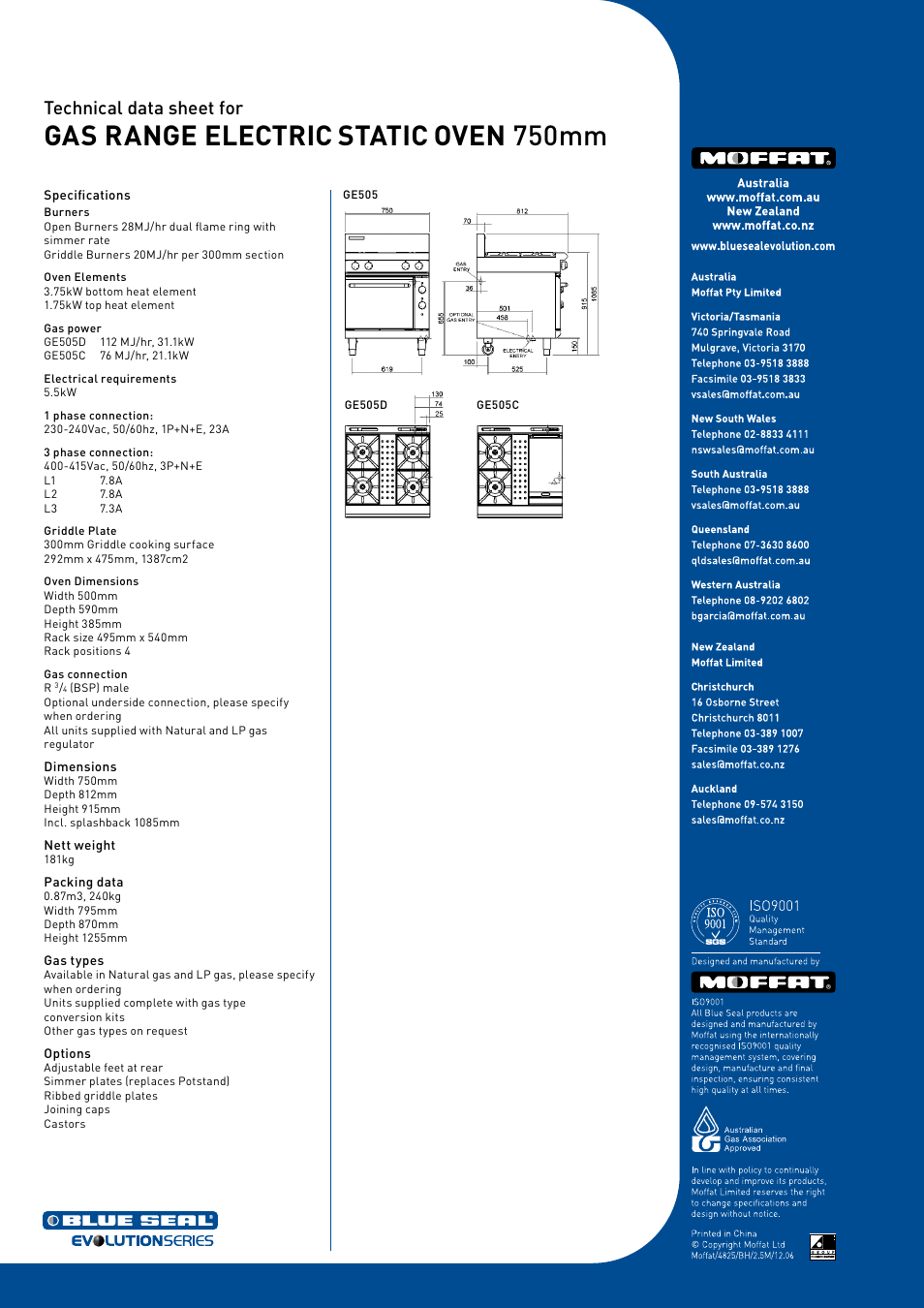 Gas range electric static oven 750mm, Technical data sheet for | Moffat GE505C User Manual | Page 2 / 2