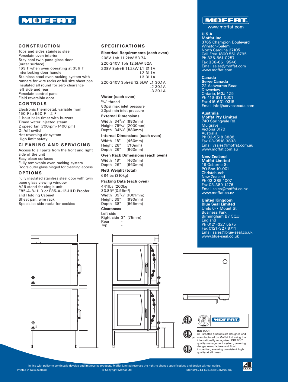 E35/2, Double stacked, Full size electric convection ovens | Iso 9001 | Moffat E35/2 User Manual | Page 2 / 2