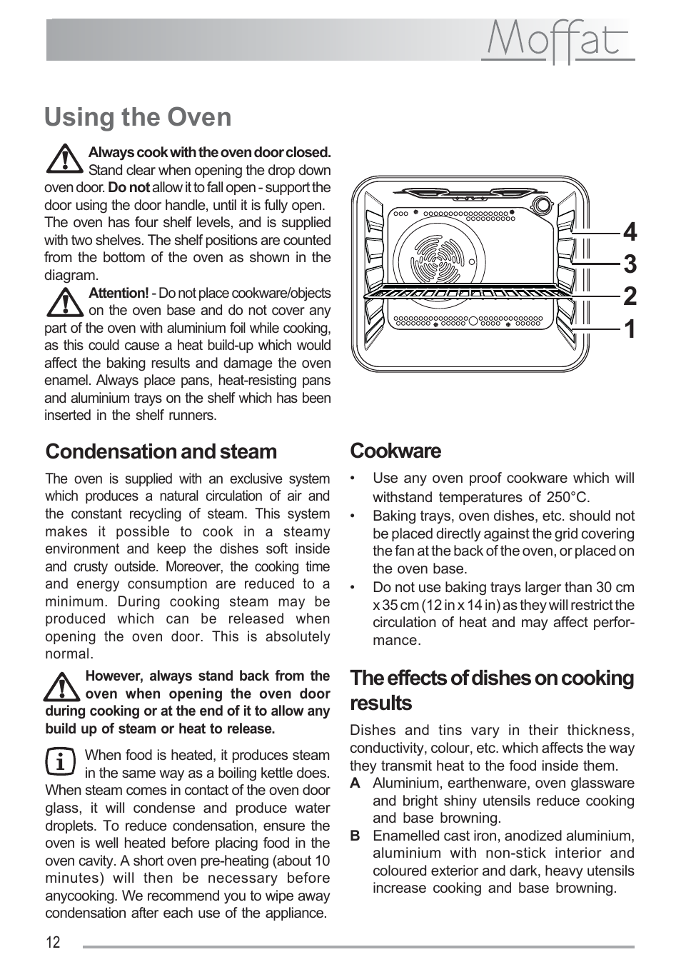 Using the oven, Condensation and steam, Cookware | The effects of dishes on cooking results | Moffat MSF 620 User Manual | Page 12 / 28