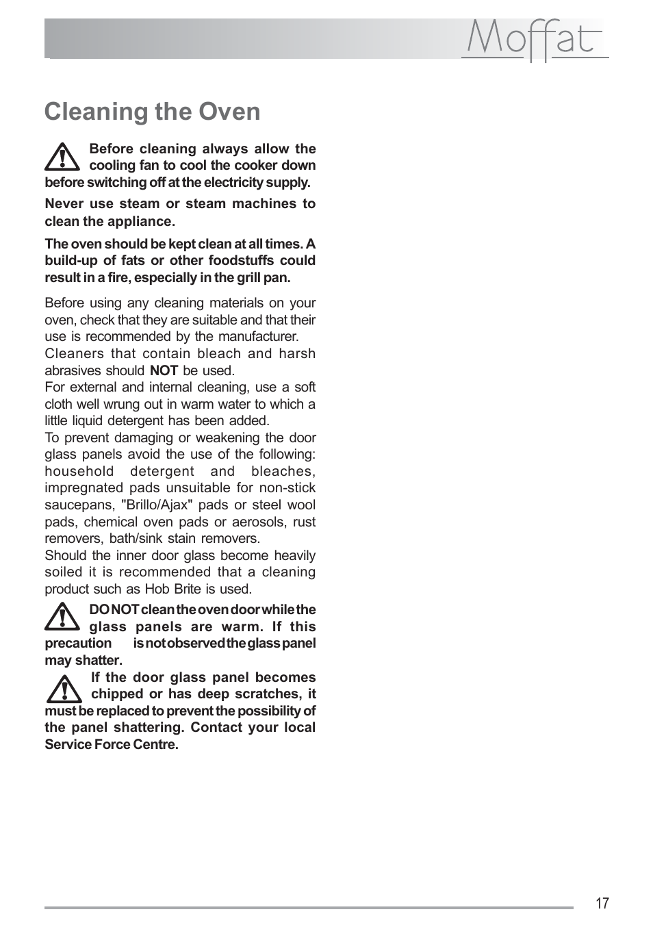 Cleaning the oven | Moffat MSF 620 User Manual | Page 17 / 28