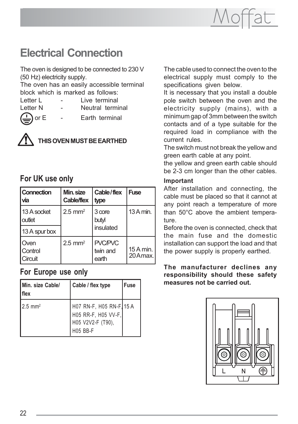 Electrical connection, For europe use only, For uk use only | Moffat MSF 620 User Manual | Page 22 / 28