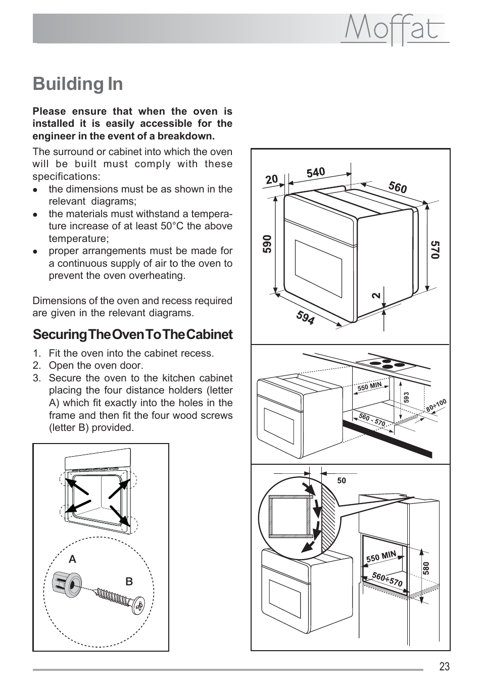 Building in, Securing the oven to the cabinet | Moffat MSF 620 User Manual | Page 23 / 28