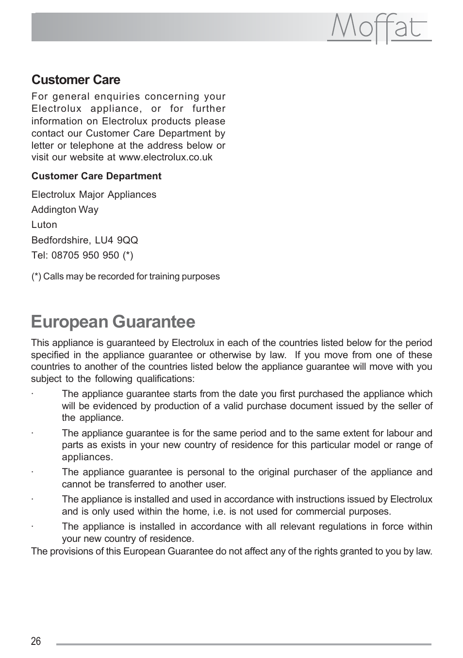 European guarantee, Customer care | Moffat MSF 620 User Manual | Page 26 / 28