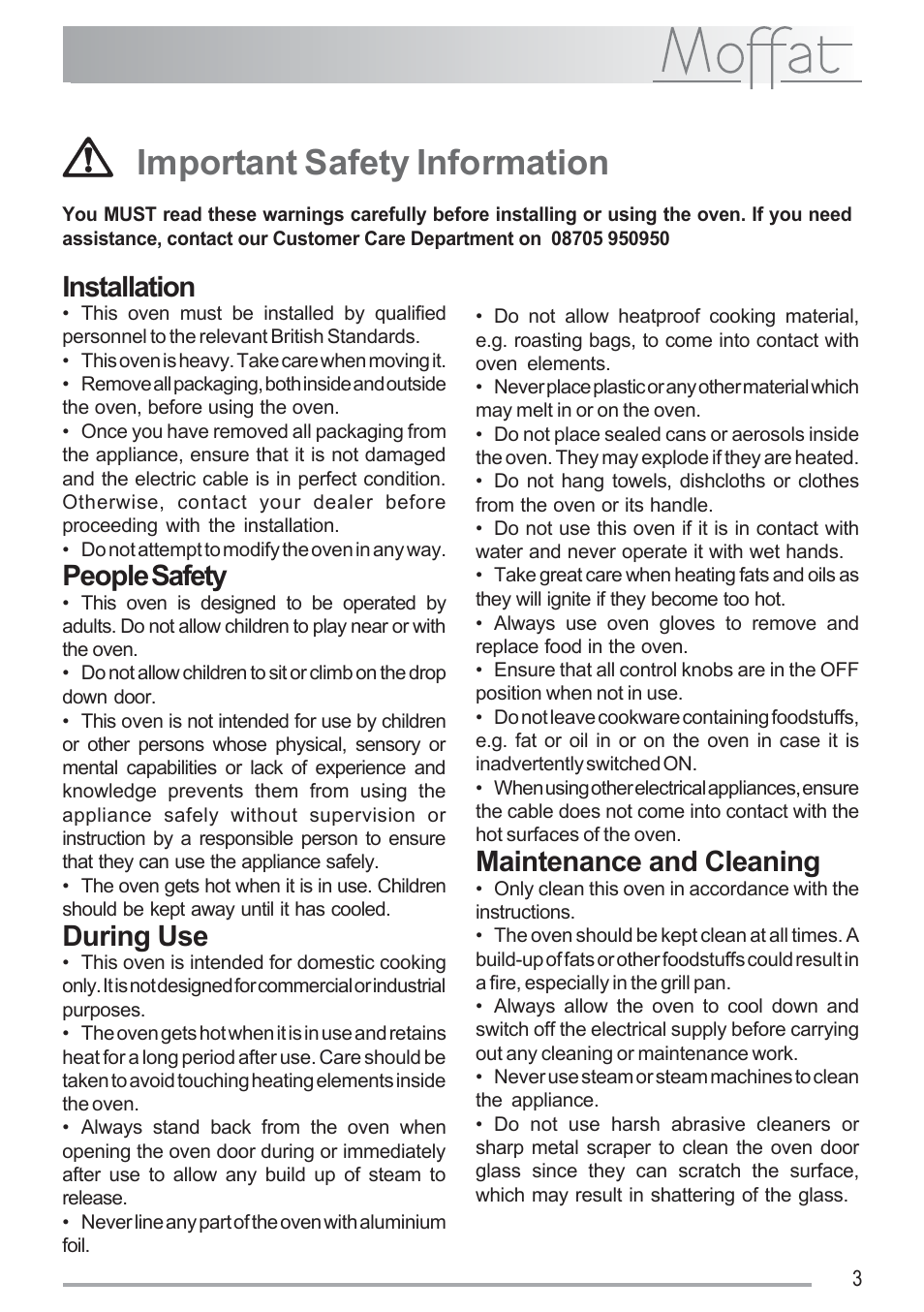 Important safety information, Installation, People safety | During use, Maintenance and cleaning | Moffat MSF 620 User Manual | Page 3 / 28