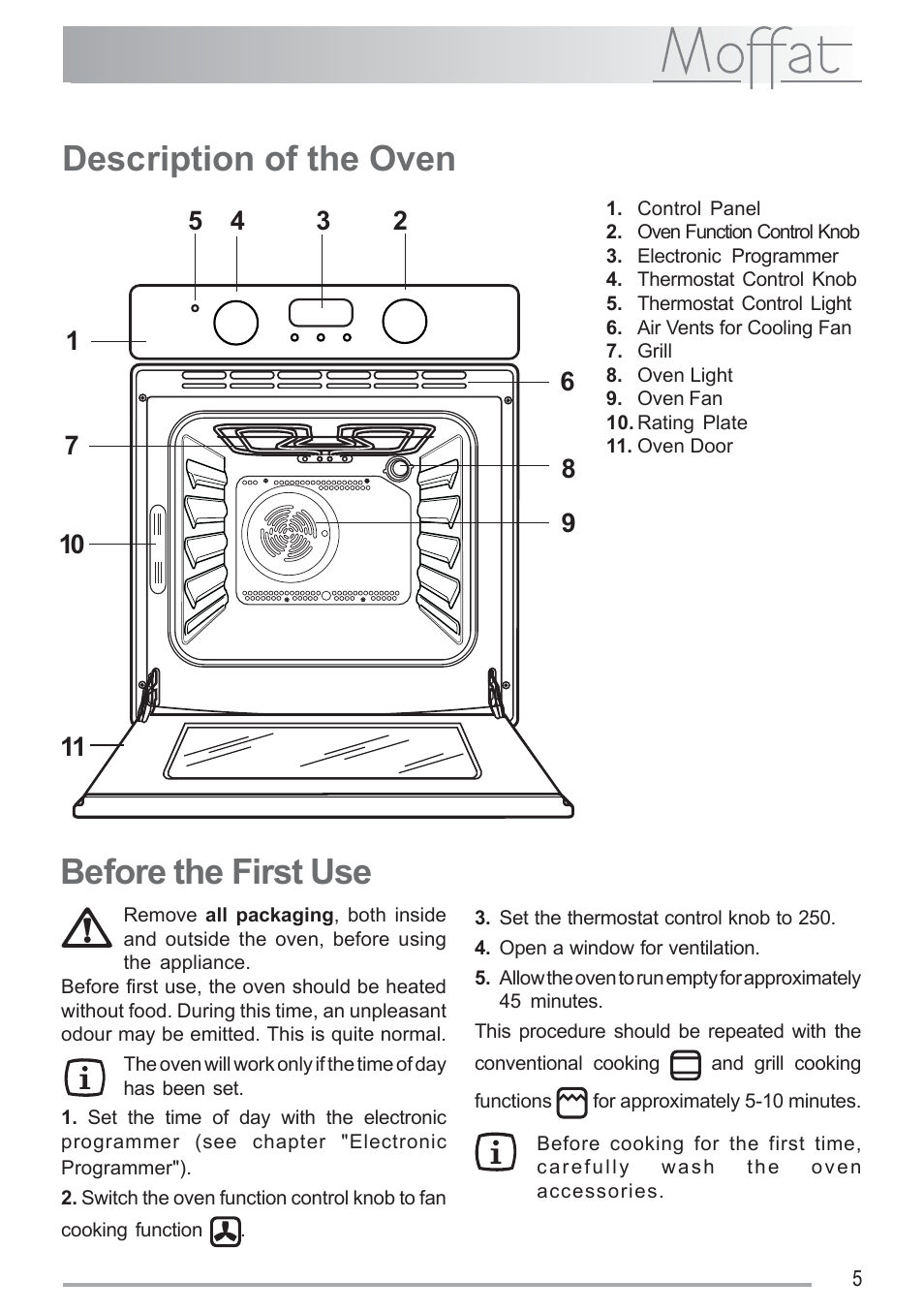 Description of the oven, Before the first use | Moffat MSF 620 User Manual | Page 5 / 28