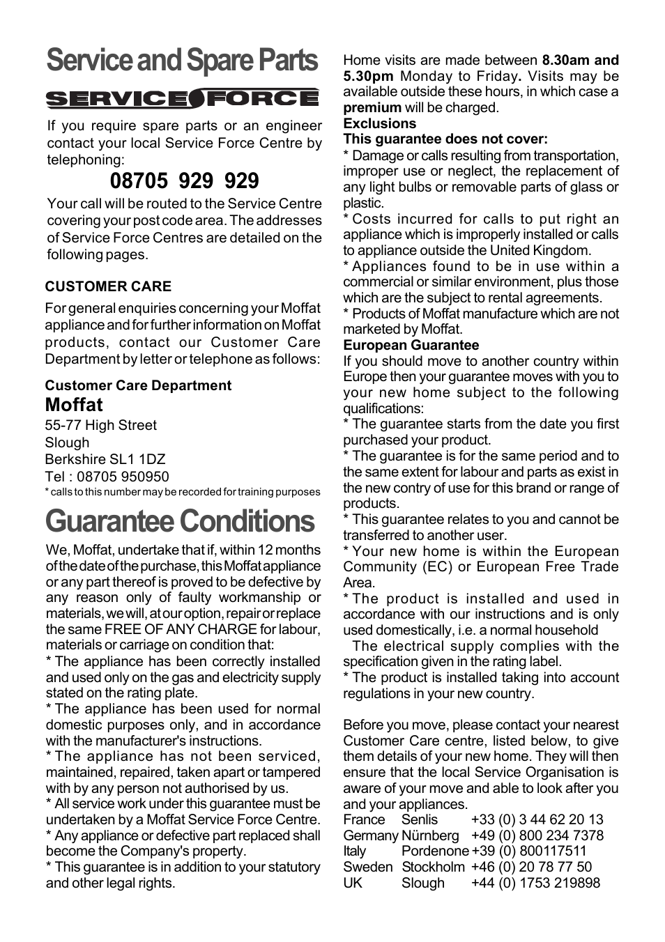 Service and spare parts, Guarantee conditions, Moffat | Moffat MSF 610 User Manual | Page 6 / 8