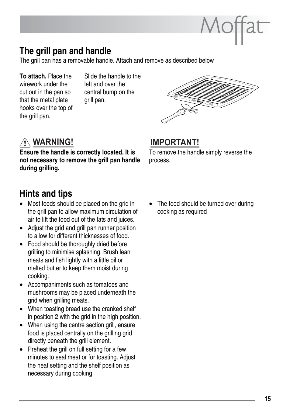 The grill pan and handle, Hints and tips, Warning | Important | Moffat MDB900 User Manual | Page 15 / 44