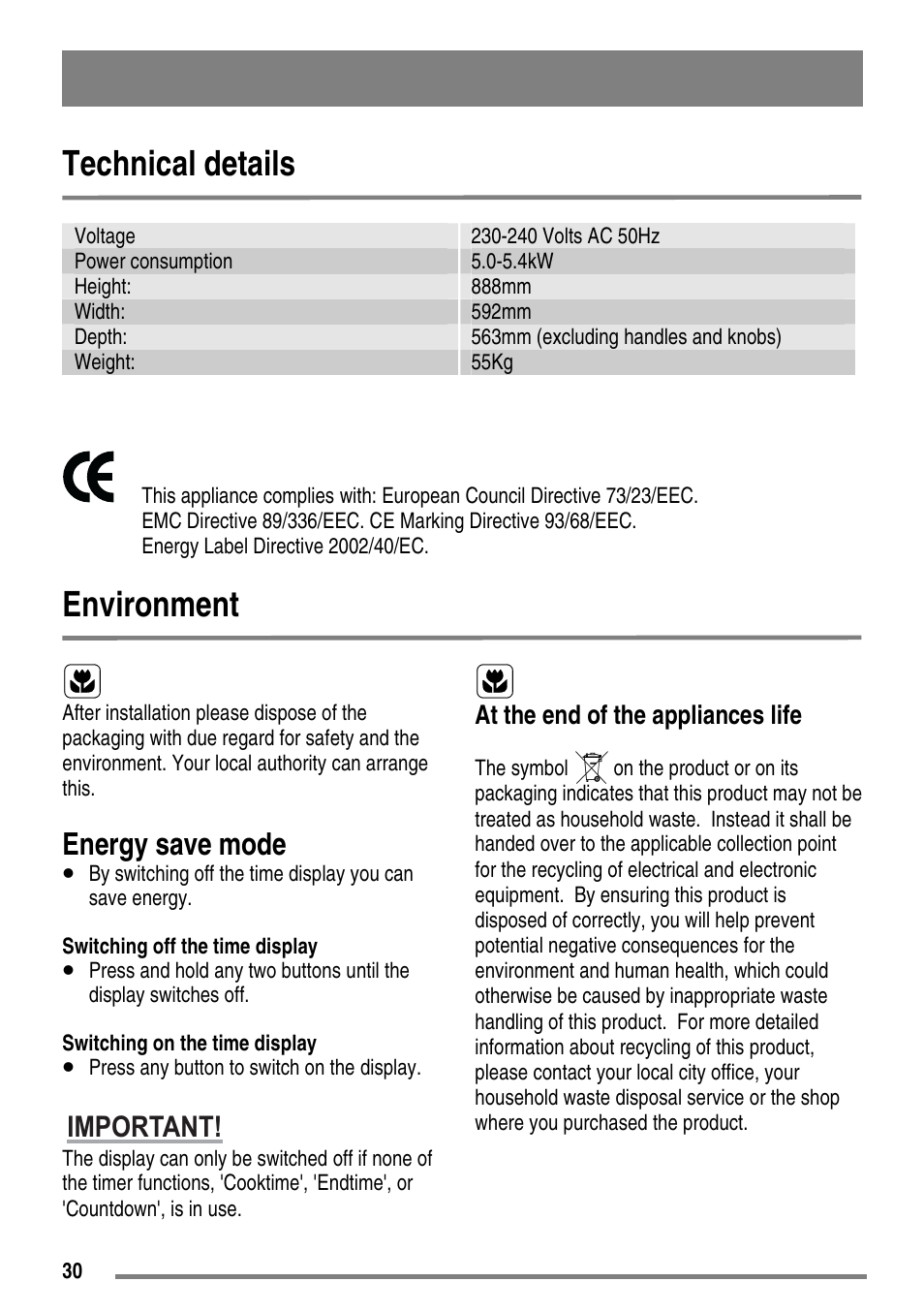 Technical details, Environment, Energy save mode | Important | Moffat MDB900 User Manual | Page 30 / 44
