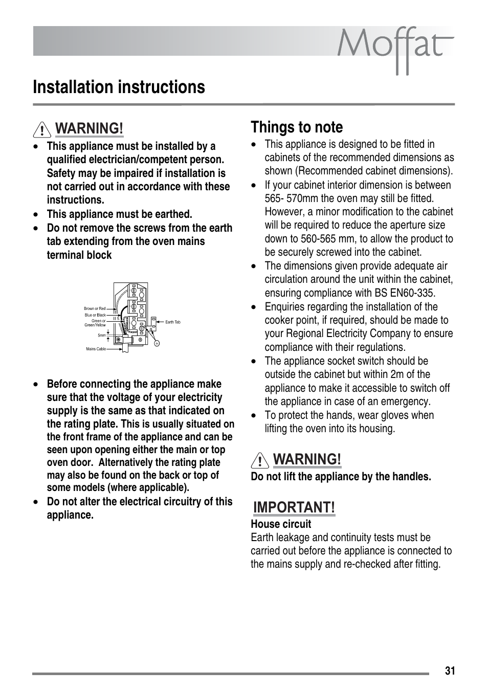 Installation instructions, Warning, Important | Moffat MDB900 User Manual | Page 31 / 44